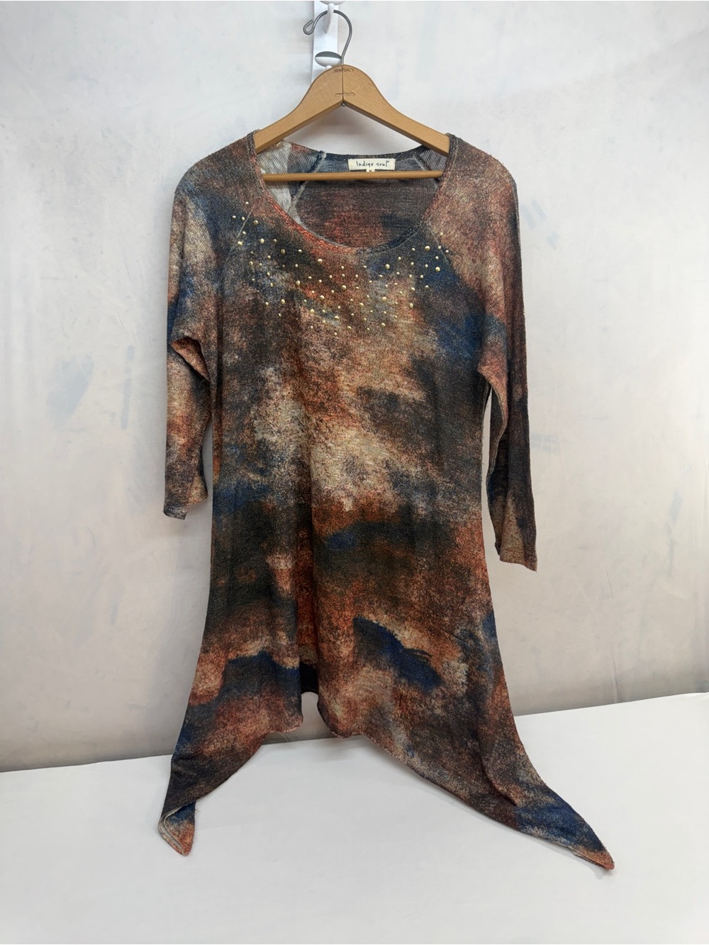 indigo soul Asymmetrical Tunic Dress in Rust and Navy with Gold Studs